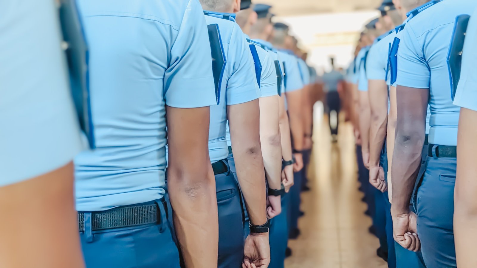 a group of uniformed men walking down a hallway